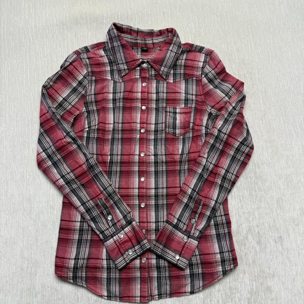 Guess Pearl Snap Western Shirt Womens Medium Pink Tartan Plaid Country Western